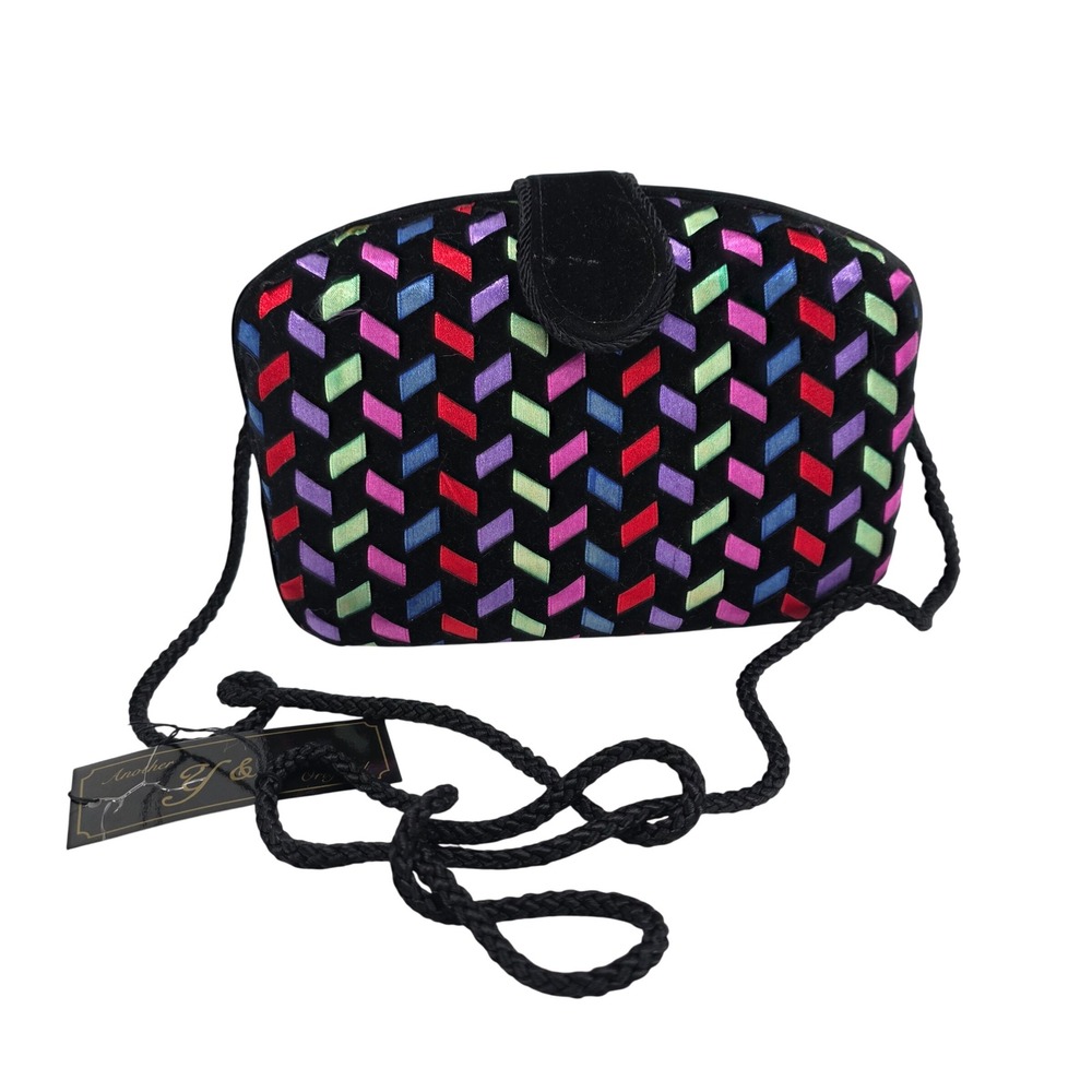 Vintage Y&S Evening Bag Clamshell Black Velvet Rainbow Ribbon Weave 80s